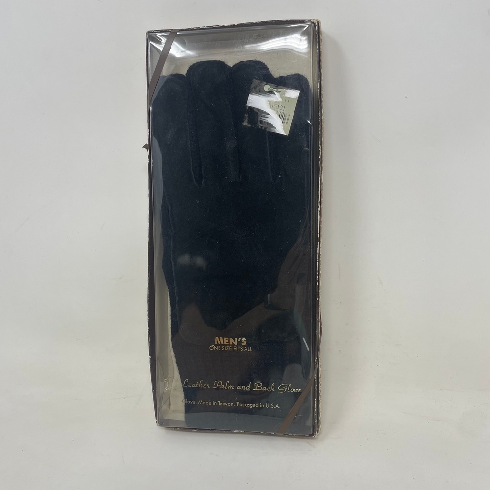 Mens Black Knit Gloves Leather Palm and Back One Size Fits All Vintage New